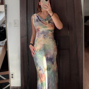 Bobbles & Lace Satin Scoop Neck Midi Dress - Pastel/Multi Color - Size S